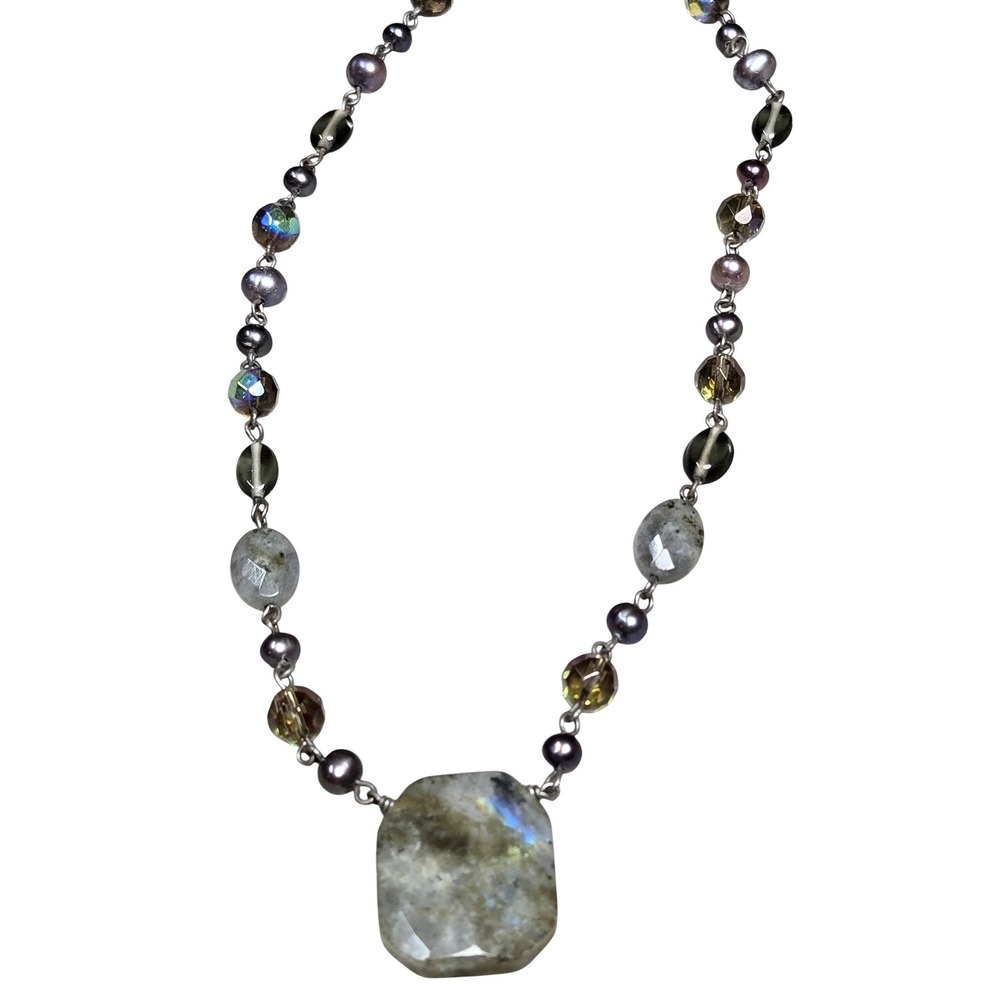 Women's Lia Sophia Labradorite Pearl Beaded Statement Necklace‎ Iridescent Boho